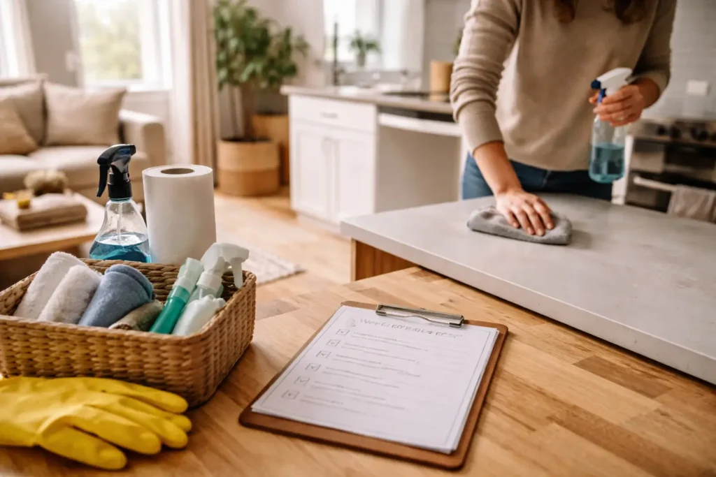 person cleaning kitchen counter with checklist and cleaning supplies showing weekly household maintenance tasks