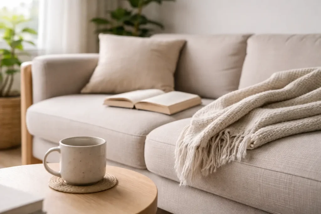 clean but recently used sofa area with blanket book and cup showing how a home gets messy again after cleaning