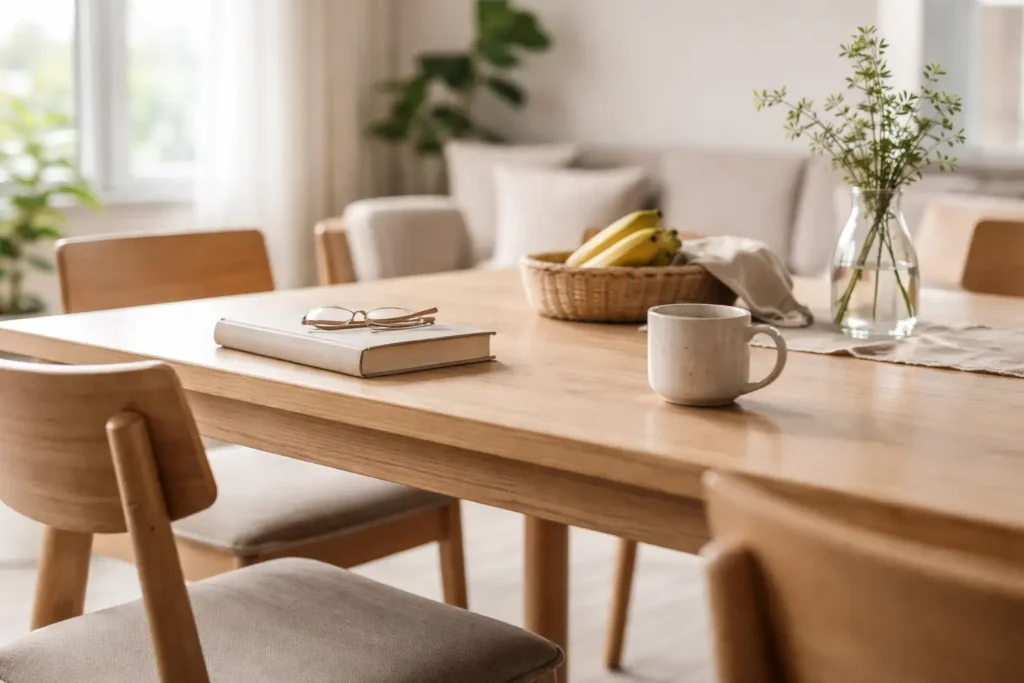 clean but naturally used dining area with table and everyday items showing a home that does not stay clean over time