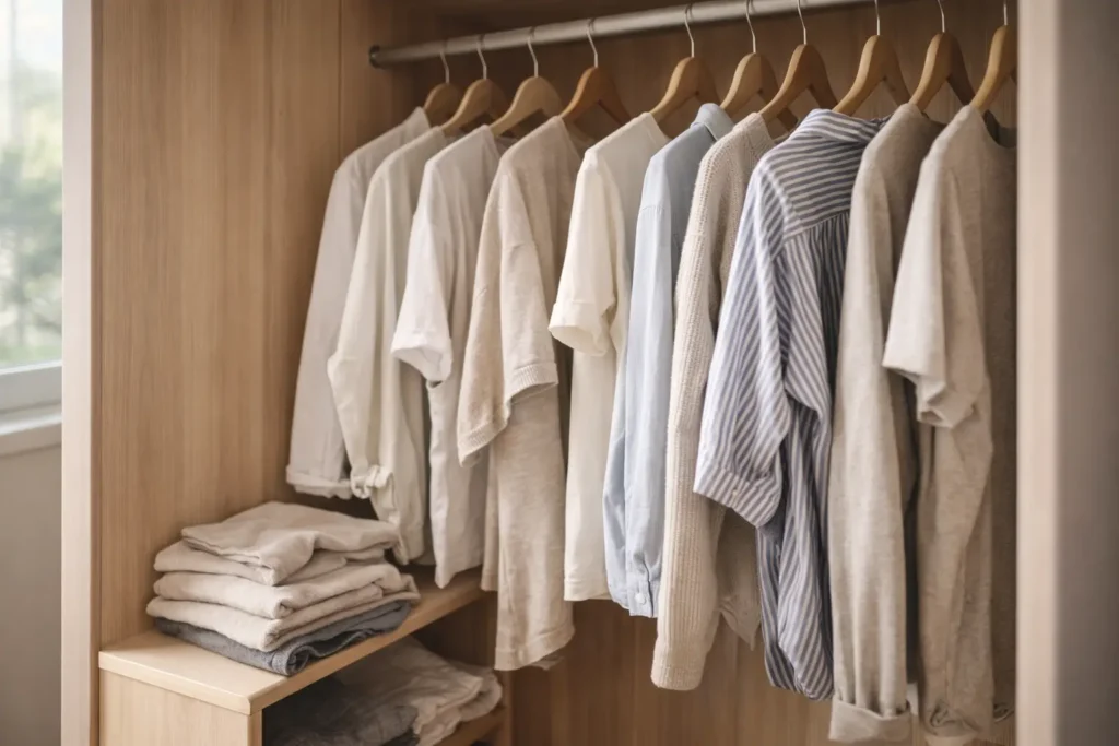 slightly disorganized closet with hanging clothes and folded garments showing why laundry is always piling up