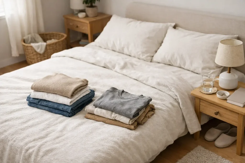 partially organized bedroom with folded clothes on bed showing effort to keep a house clean