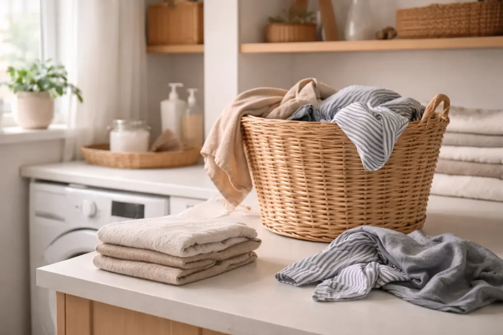 slightly cluttered laundry area with clothes basket and folded garments showing why a house feels messy all the time