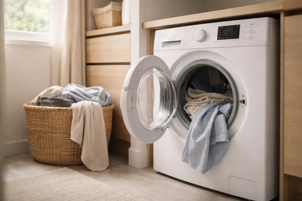 washing machine with clothes in progress showing why laundry feels never ending in a home