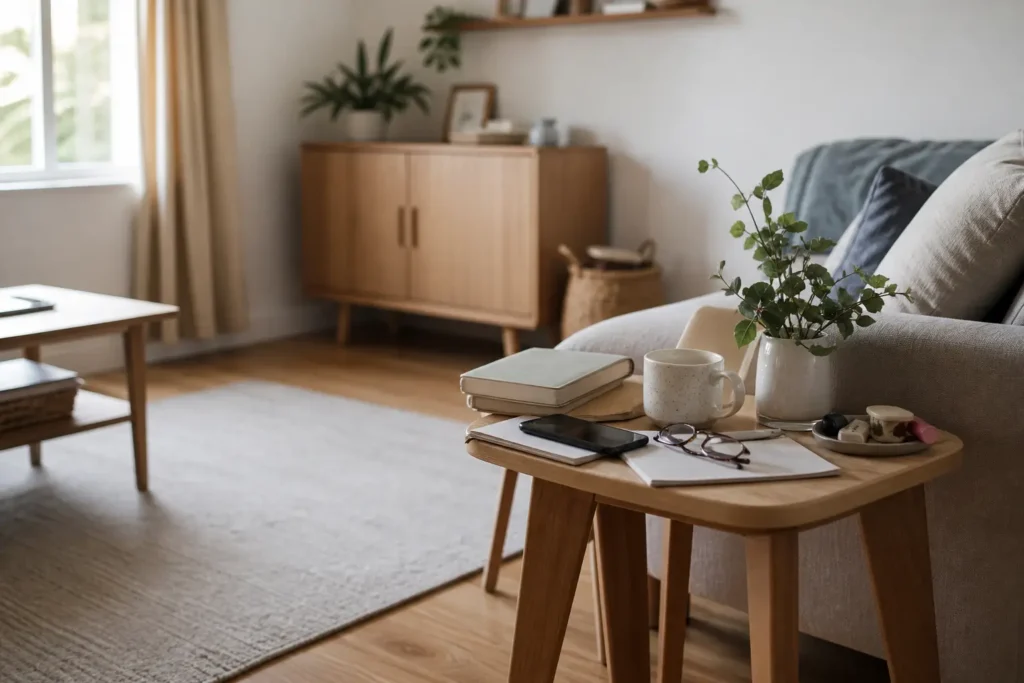 living room side table with subtle clutter showing why cleaning feels overwhelming in a home