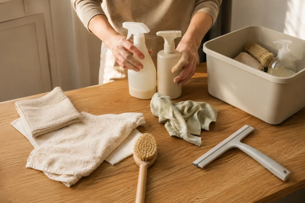 hands organizing cleaning supplies on a wooden surface with slight misalignment, representing a cleaning system that is difficult to maintain