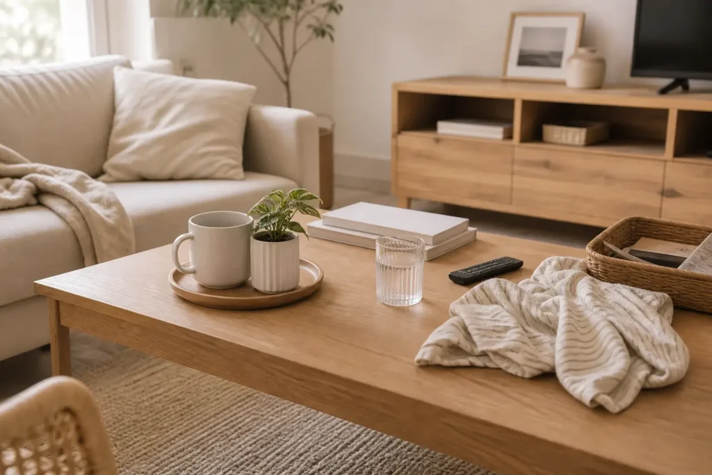 warm minimalist living room with slightly disorganized coffee table showing everyday objects returning after cleaning