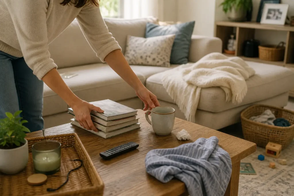 person organizing a coffee table with everyday items slightly out of place, showing ongoing housework and home maintenance