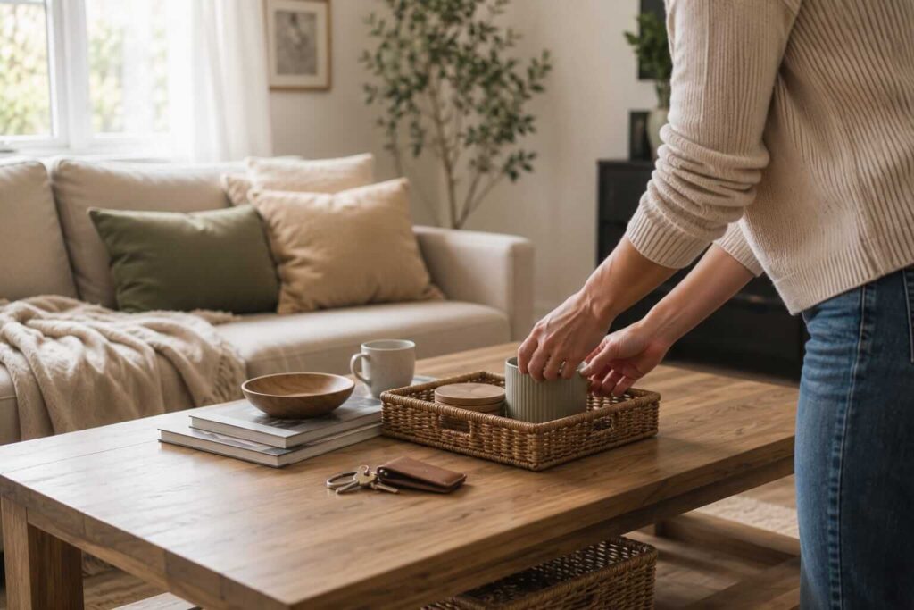 person doing a quick daily home reset by organizing items on a table in a calm and tidy living room