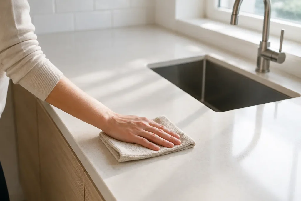 hand wiping a clean kitchen countertop with a cloth as part of a simple daily home cleaning system