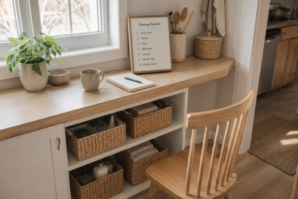 home cleaning checklist on wooden desk in organized minimalist home with natural light and storage baskets