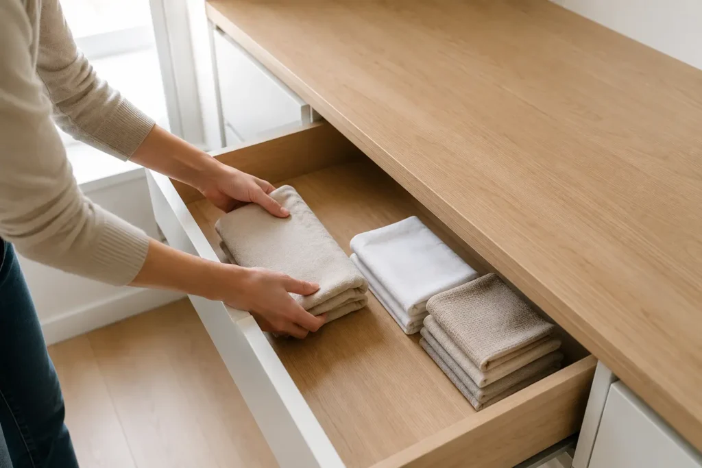 hands placing folded towels in a simple uncluttered drawer showing minimal home organization system