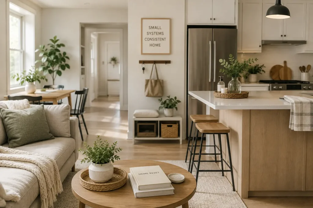 organized open space living room and kitchen showing a complete home cleaning system in a minimalist neutral home